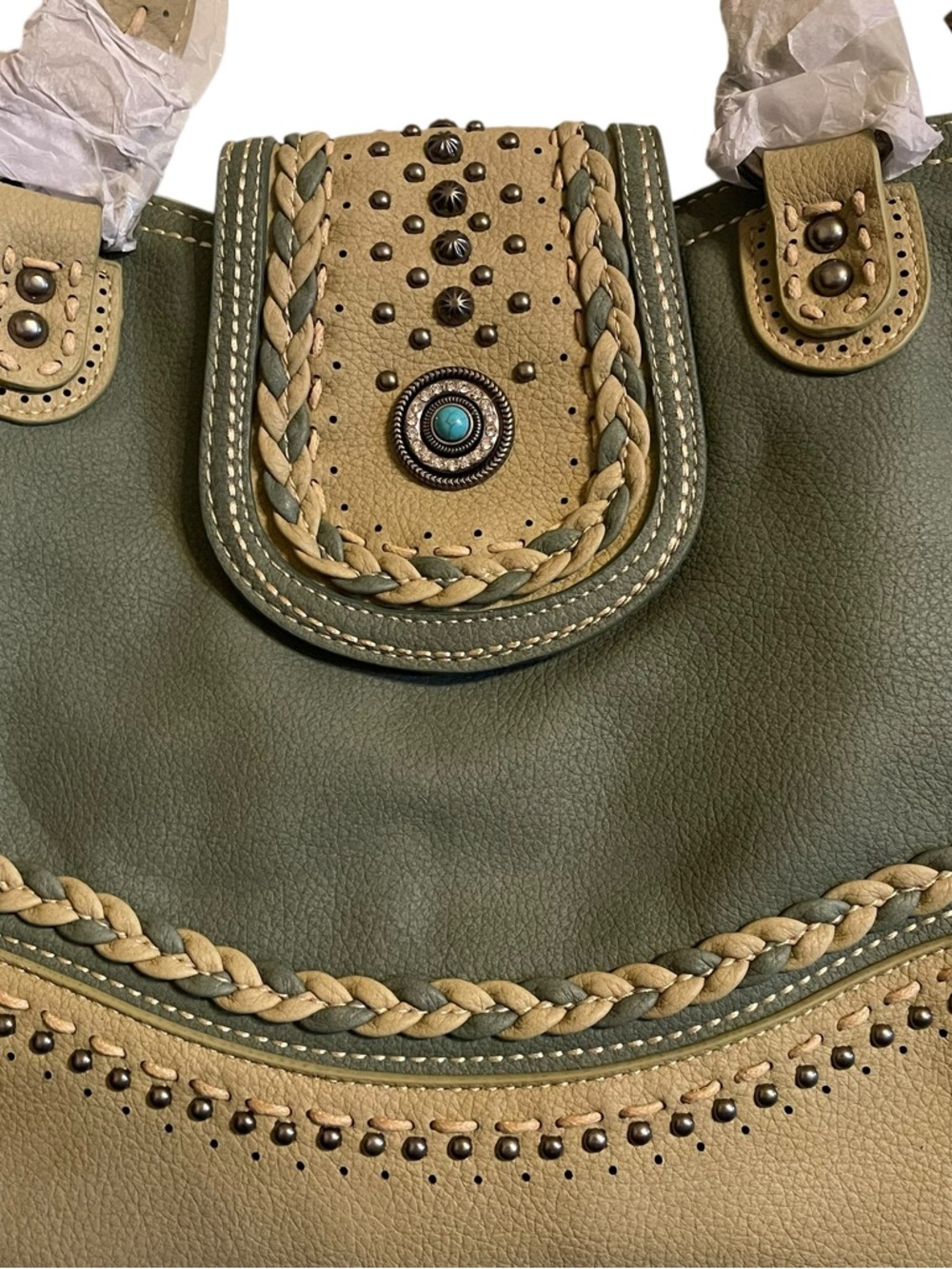 Montana West Olive and Tan Leather Tote with Concho Accent Concealed Carry - Picture 5 of 8